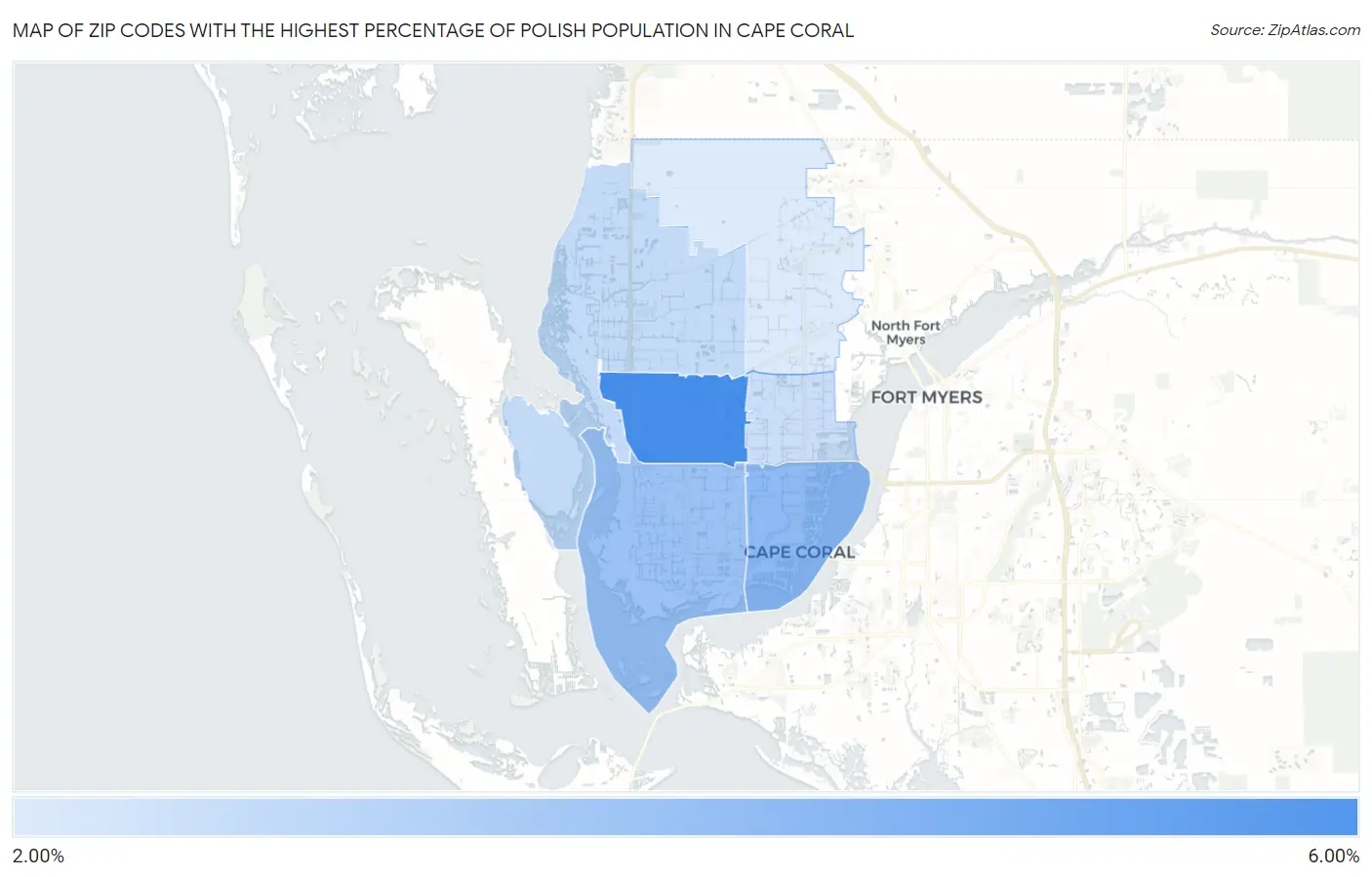 Zip Codes with the Highest Percentage of Polish Population in Cape Coral Map