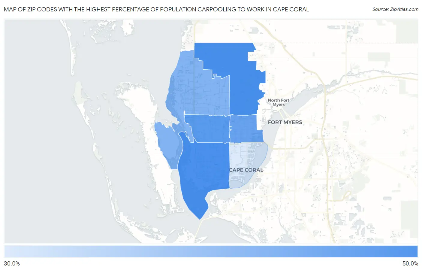Zip Codes with the Highest Percentage of Population Carpooling to Work in Cape Coral Map