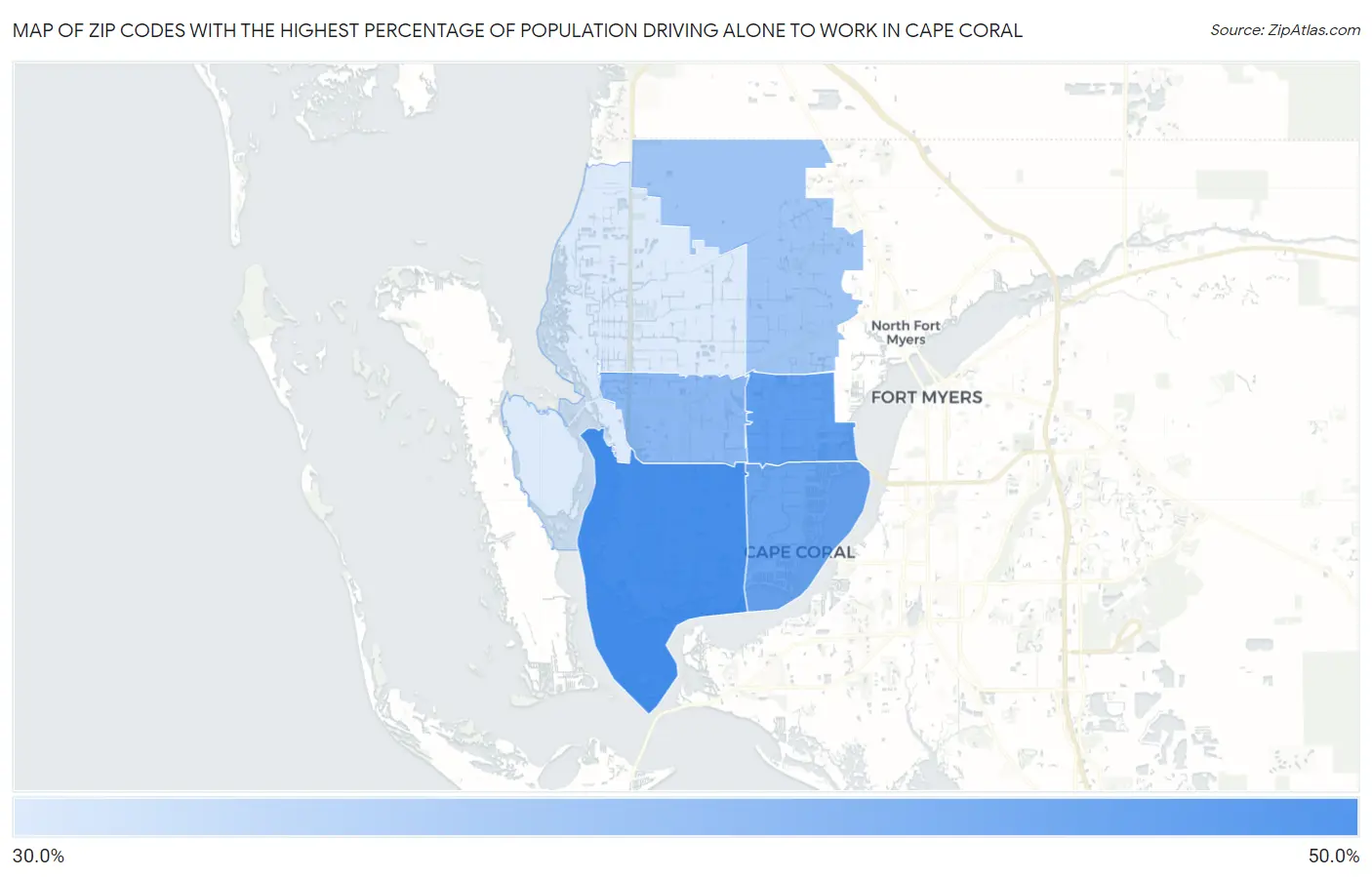 Zip Codes with the Highest Percentage of Population Driving Alone to Work in Cape Coral Map