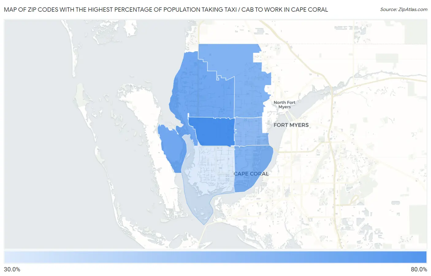Zip Codes with the Highest Percentage of Population Taking Taxi / Cab to Work in Cape Coral Map