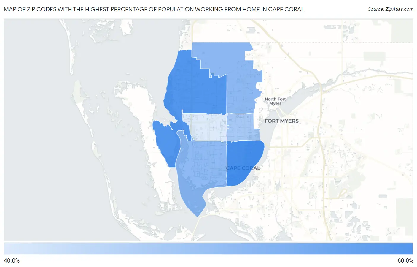 Zip Codes with the Highest Percentage of Population Working from Home in Cape Coral Map