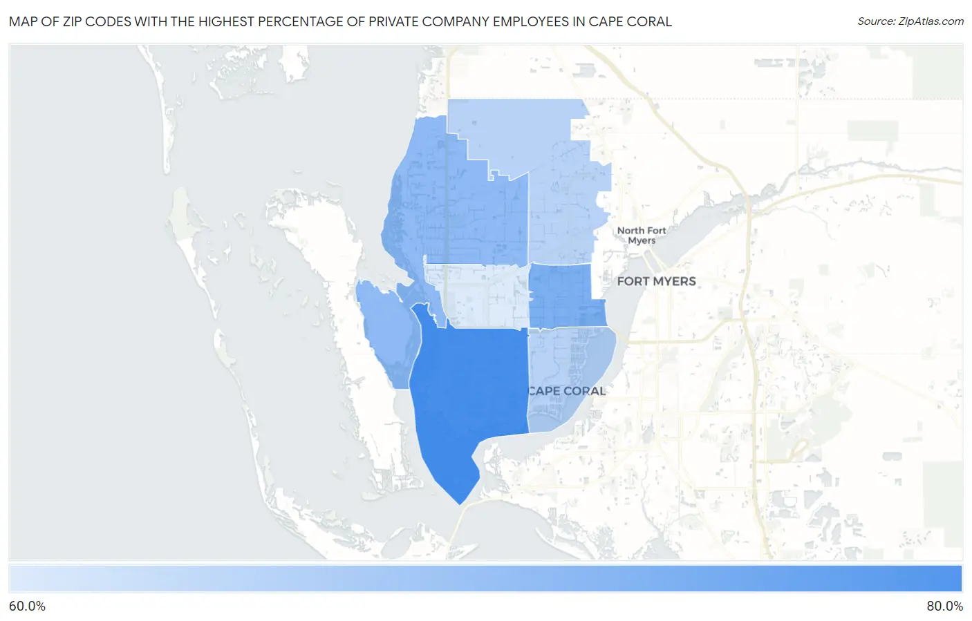 Zip Codes with the Highest Percentage of Private Company Employees in Cape Coral Map