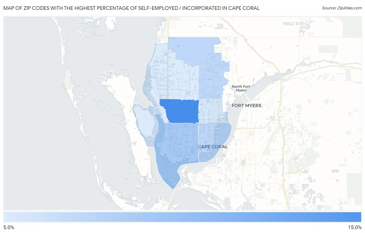 Zip Codes with the Highest Percentage of Self-Employed / Incorporated in Cape Coral Map