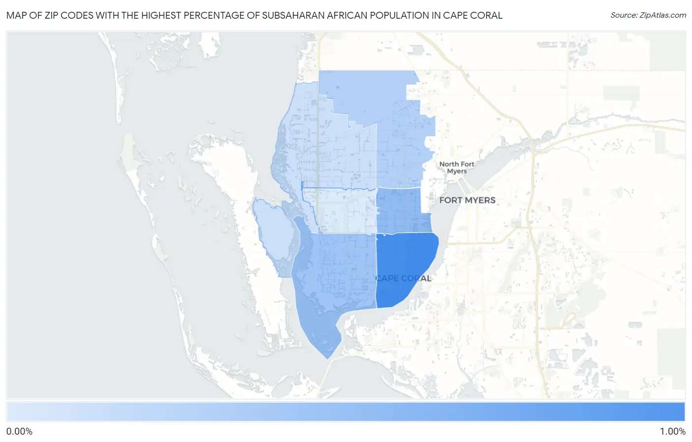 Zip Codes with the Highest Percentage of Subsaharan African Population in Cape Coral Map