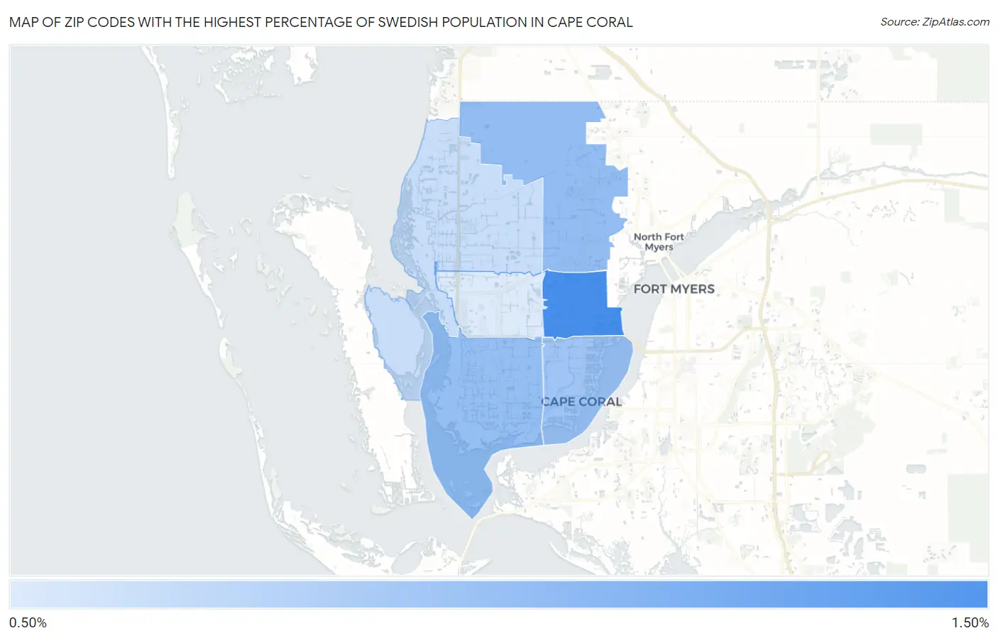 Zip Codes with the Highest Percentage of Swedish Population in Cape Coral Map