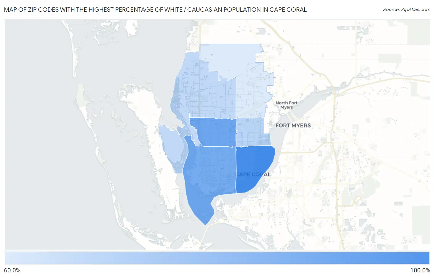 Zip Codes with the Highest Percentage of White / Caucasian Population in Cape Coral Map