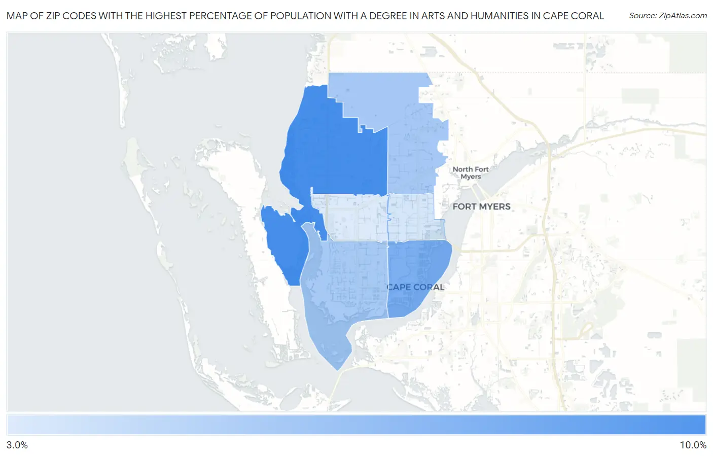 Zip Codes with the Highest Percentage of Population with a Degree in Arts and Humanities in Cape Coral Map