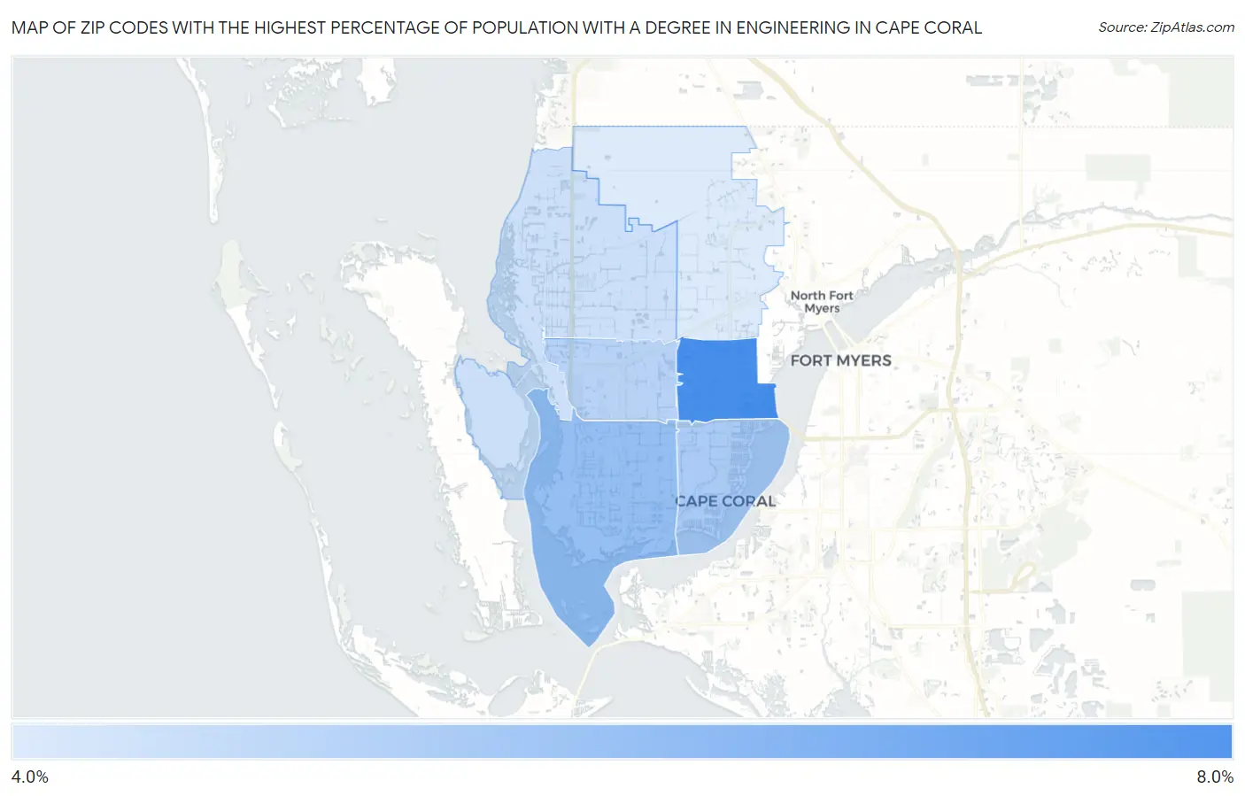 Zip Codes with the Highest Percentage of Population with a Degree in Engineering in Cape Coral Map