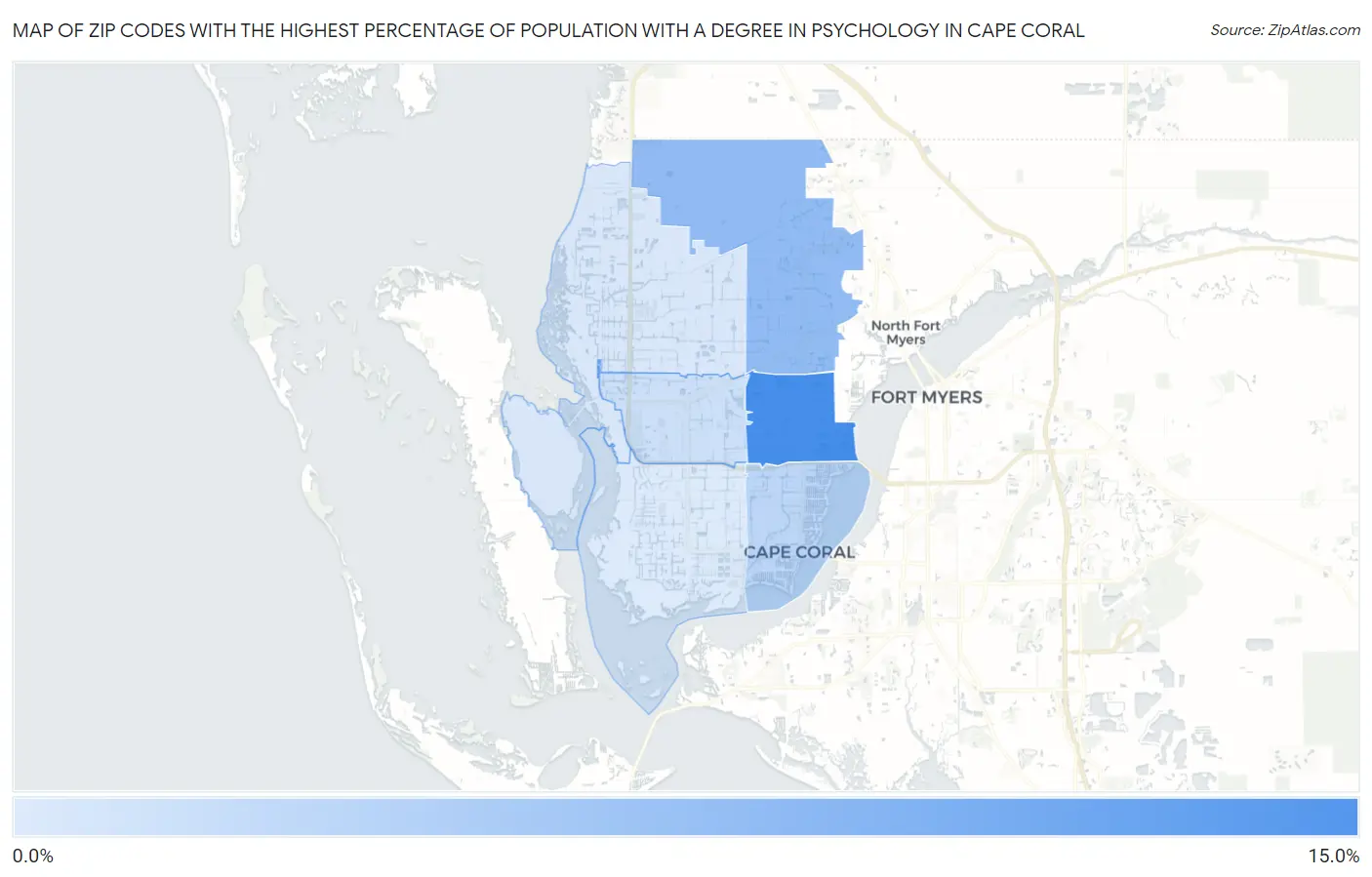 Zip Codes with the Highest Percentage of Population with a Degree in Psychology in Cape Coral Map