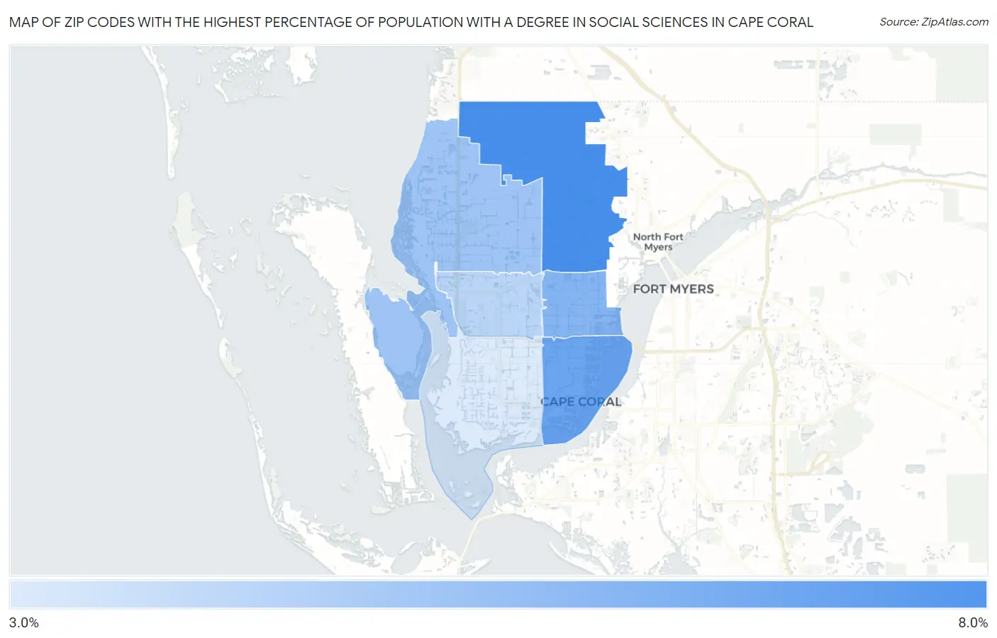 Zip Codes with the Highest Percentage of Population with a Degree in Social Sciences in Cape Coral Map