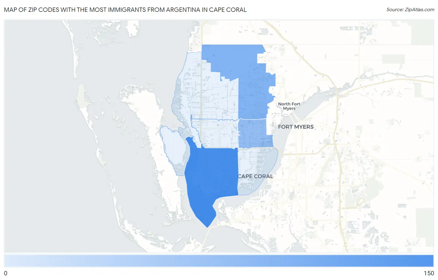 Zip Codes with the Most Immigrants from Argentina in Cape Coral Map