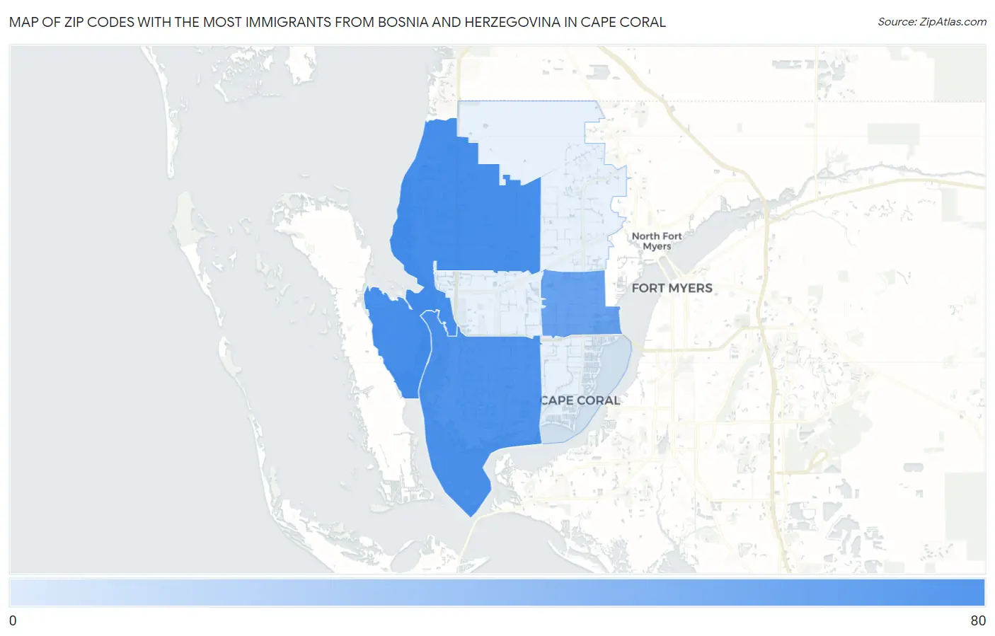 Zip Codes with the Most Immigrants from Bosnia and Herzegovina in Cape Coral Map