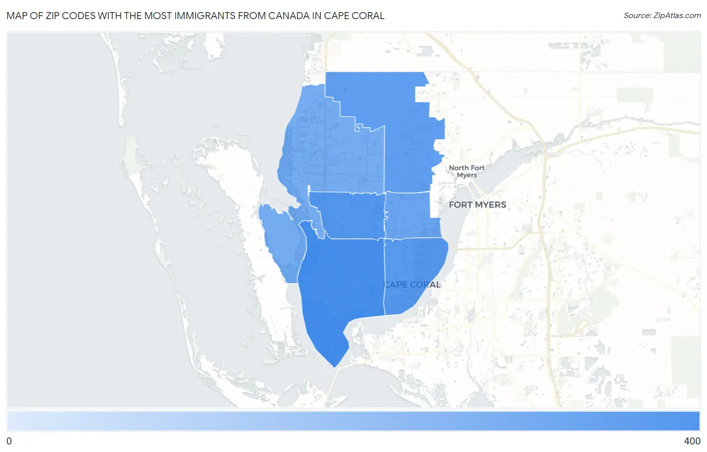Zip Codes with the Most Immigrants from Canada in Cape Coral Map