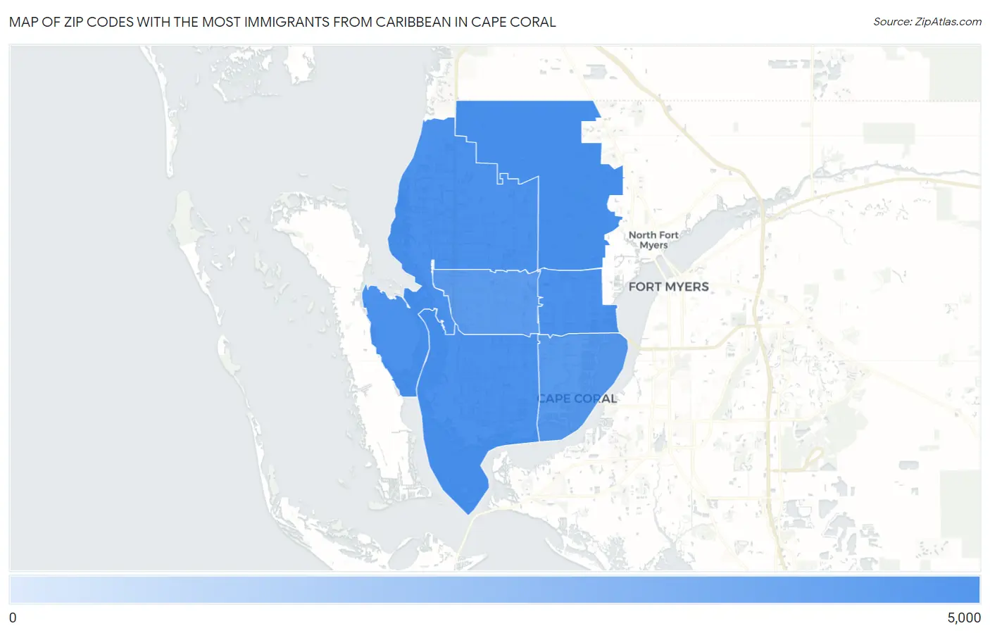 Zip Codes with the Most Immigrants from Caribbean in Cape Coral Map