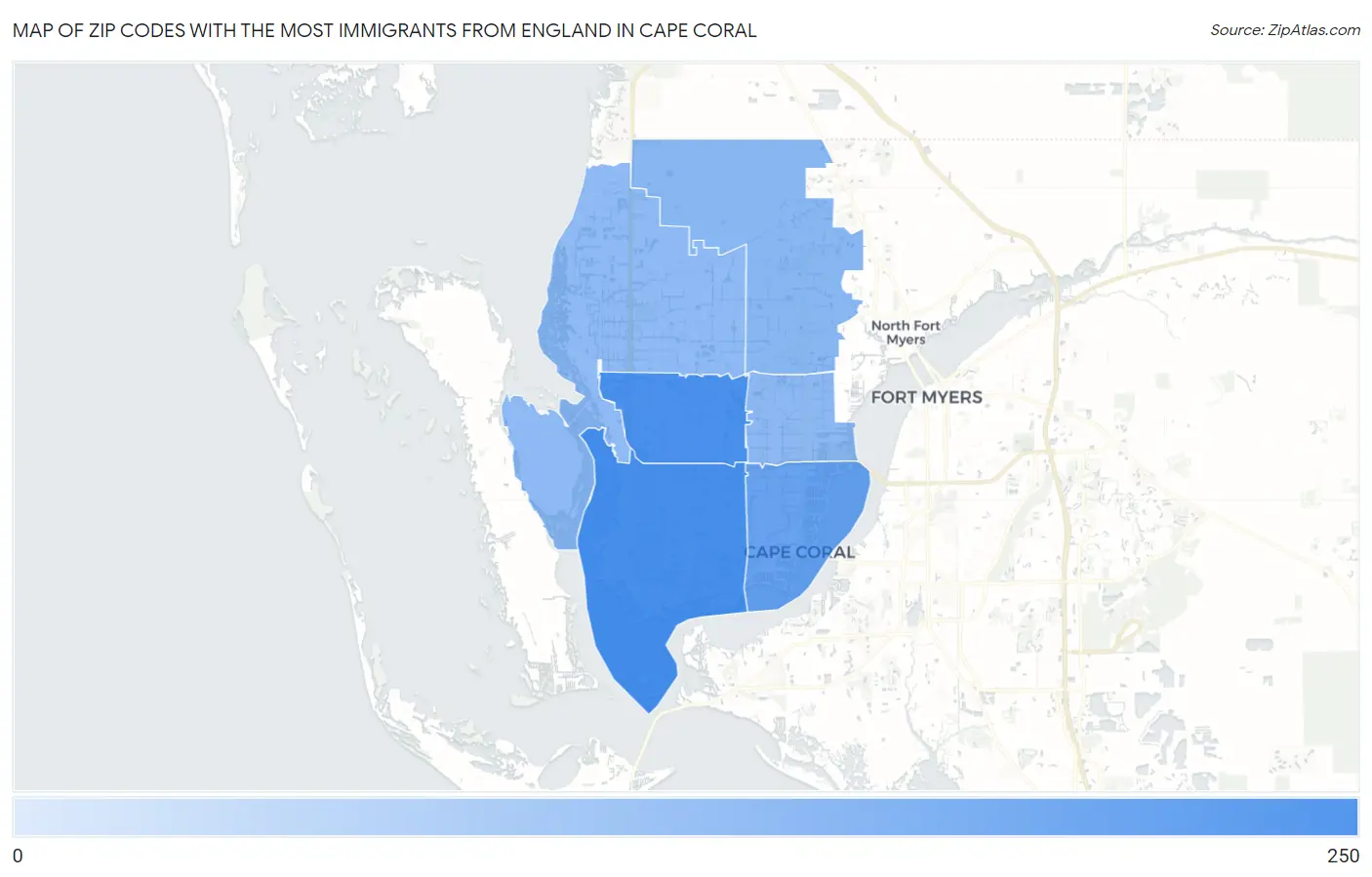 Zip Codes with the Most Immigrants from England in Cape Coral Map