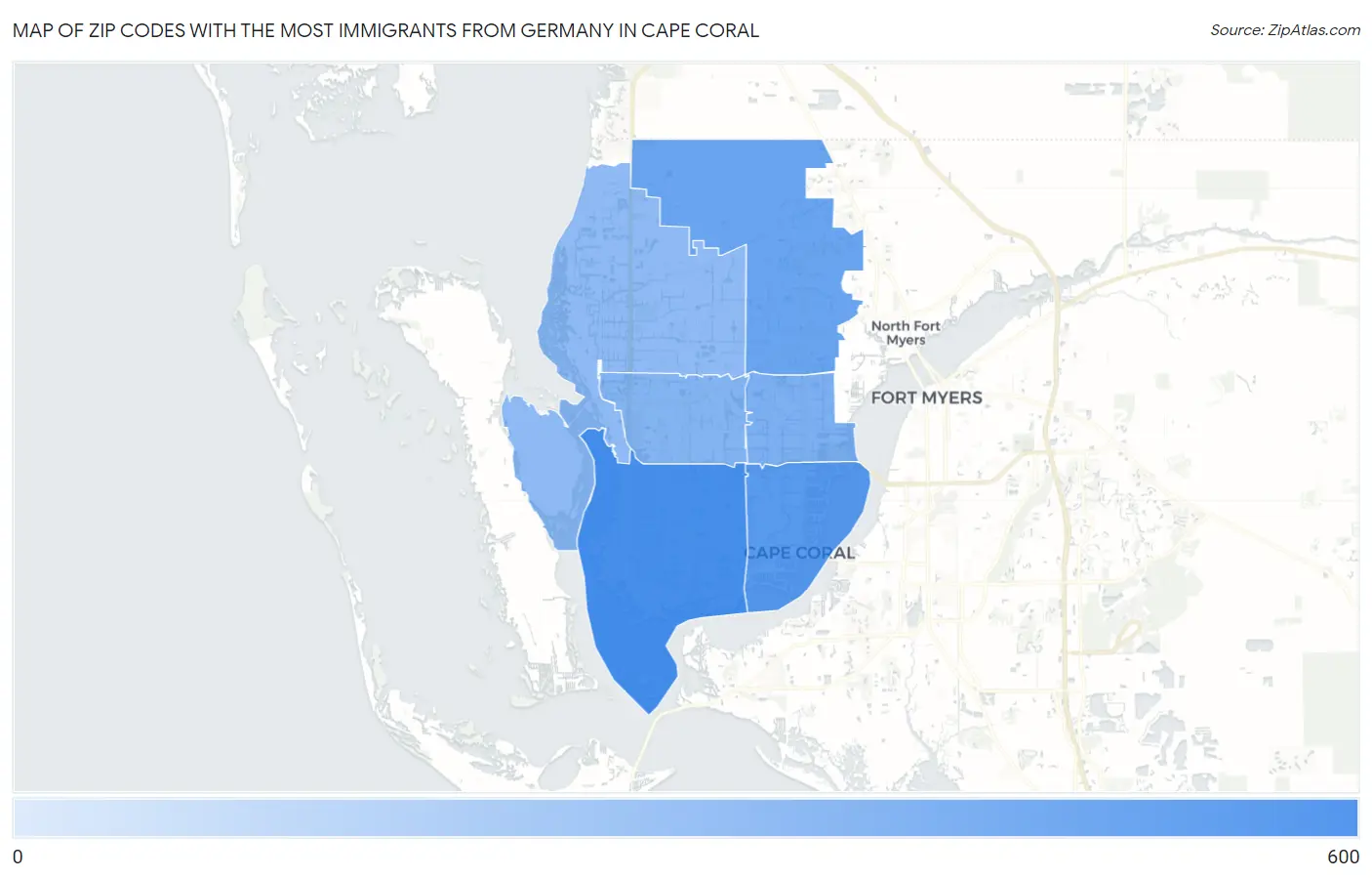 Zip Codes with the Most Immigrants from Germany in Cape Coral Map