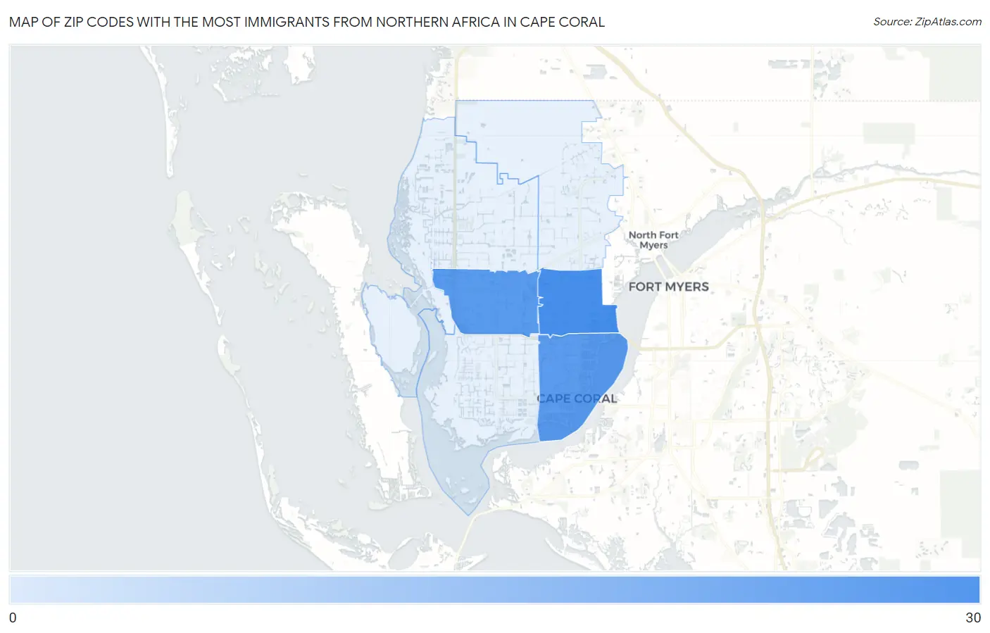 Zip Codes with the Most Immigrants from Northern Africa in Cape Coral Map