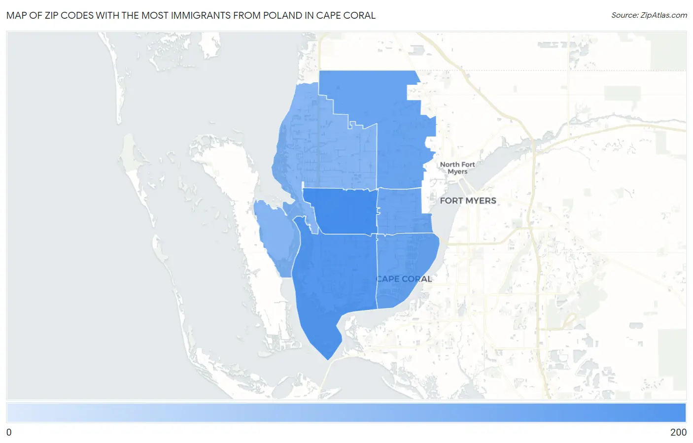 Zip Codes with the Most Immigrants from Poland in Cape Coral Map