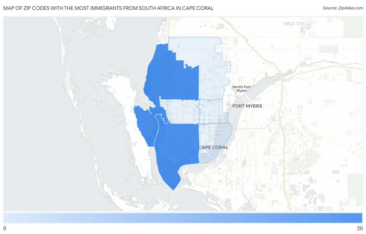 Zip Codes with the Most Immigrants from South Africa in Cape Coral Map