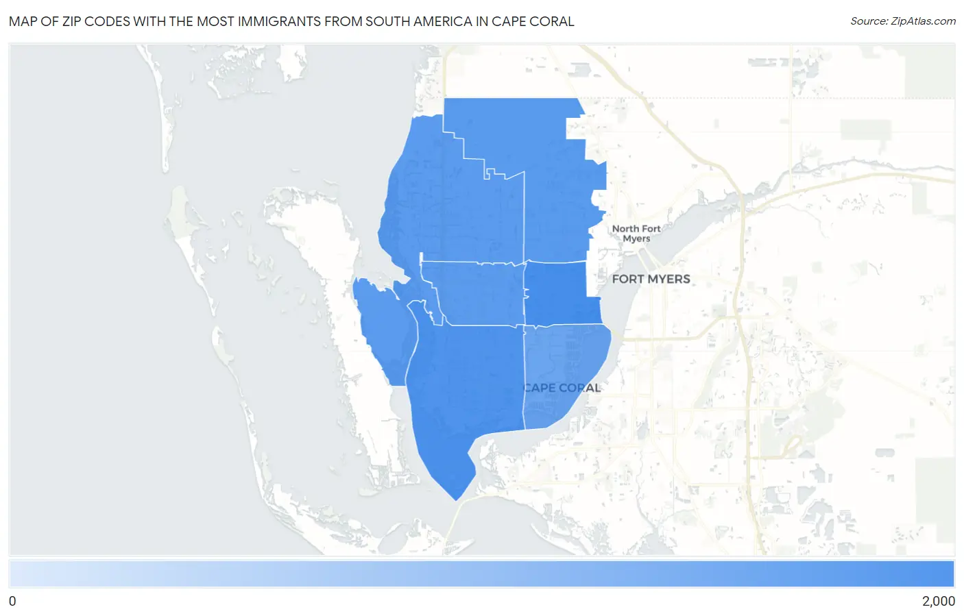 Zip Codes with the Most Immigrants from South America in Cape Coral Map