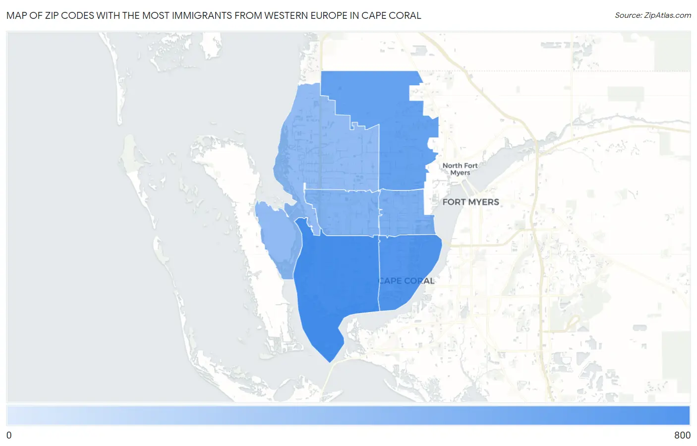 Zip Codes with the Most Immigrants from Western Europe in Cape Coral Map