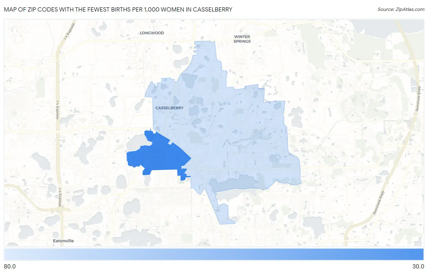 Zip Codes with the Fewest Births per 1,000 Women in Casselberry Map