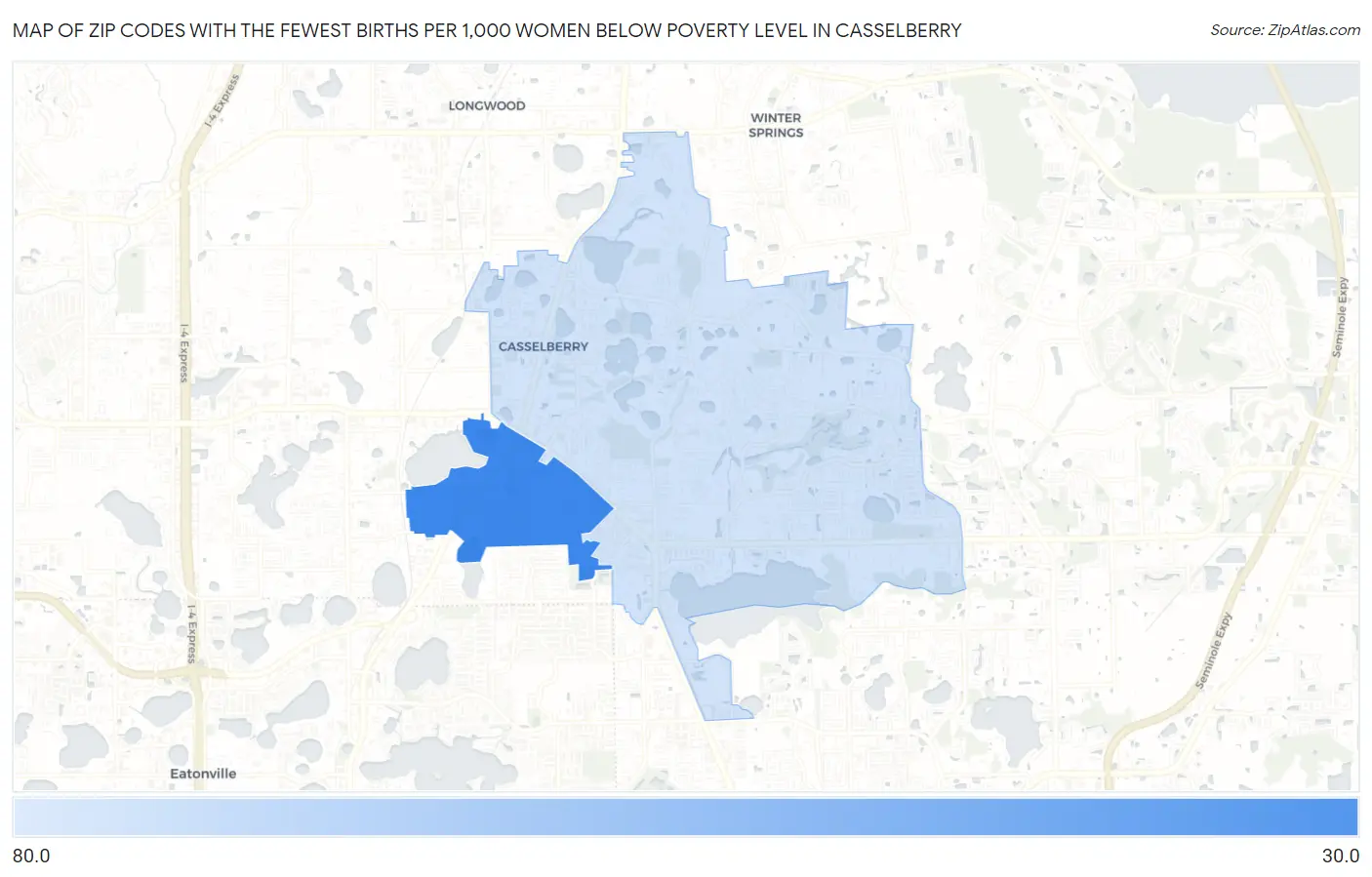 Zip Codes with the Fewest Births per 1,000 Women Below Poverty Level in Casselberry Map