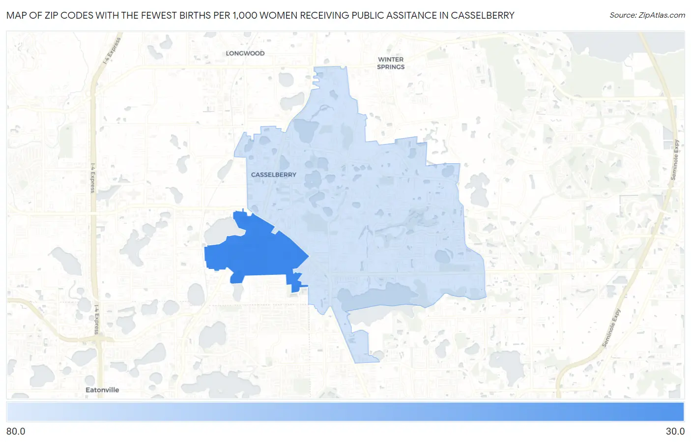 Zip Codes with the Fewest Births per 1,000 Women Receiving Public Assitance in Casselberry Map