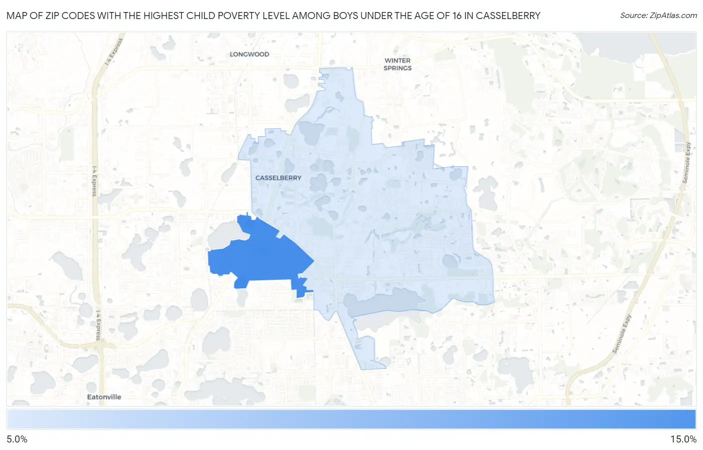 Zip Codes with the Highest Child Poverty Level Among Boys Under the Age of 16 in Casselberry Map