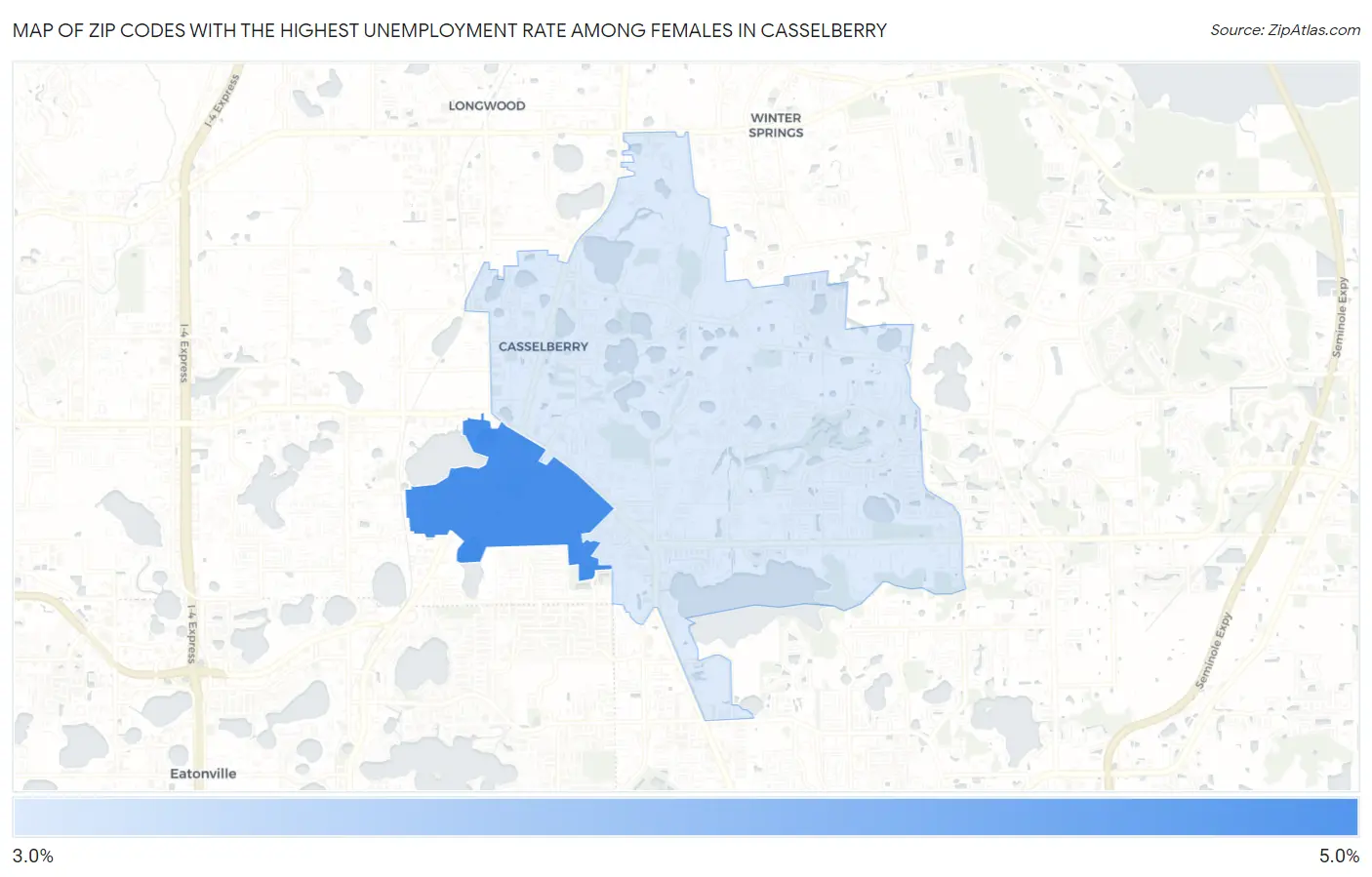 Zip Codes with the Highest Unemployment Rate Among Females in Casselberry Map