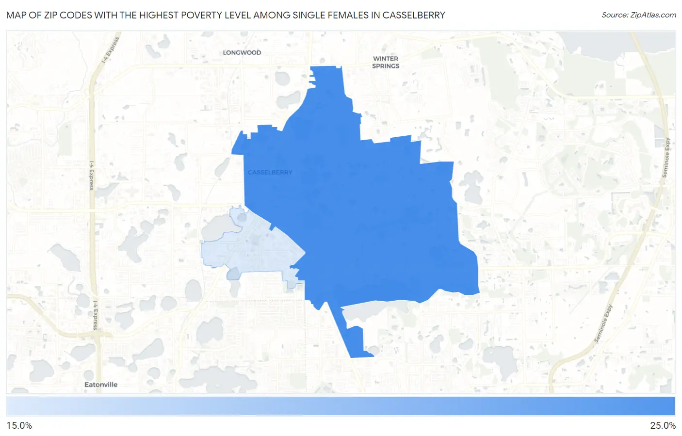 Zip Codes with the Highest Poverty Level Among Single Females in Casselberry Map