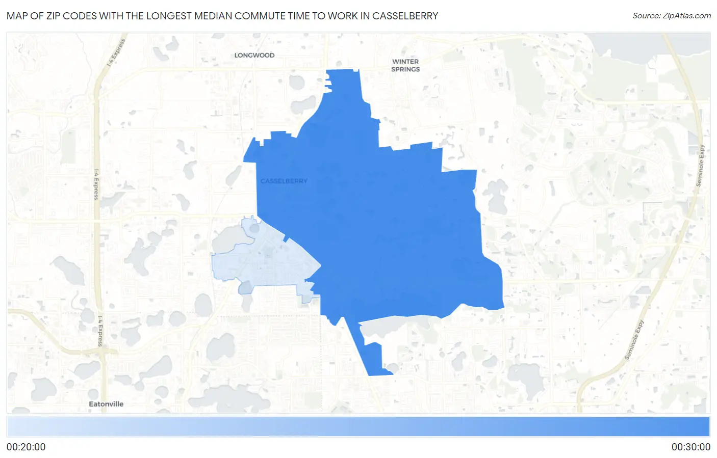 Zip Codes with the Longest Median Commute Time to Work in Casselberry Map