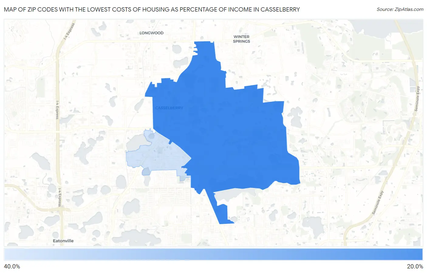 Zip Codes with the Lowest Costs of Housing as Percentage of Income in Casselberry Map
