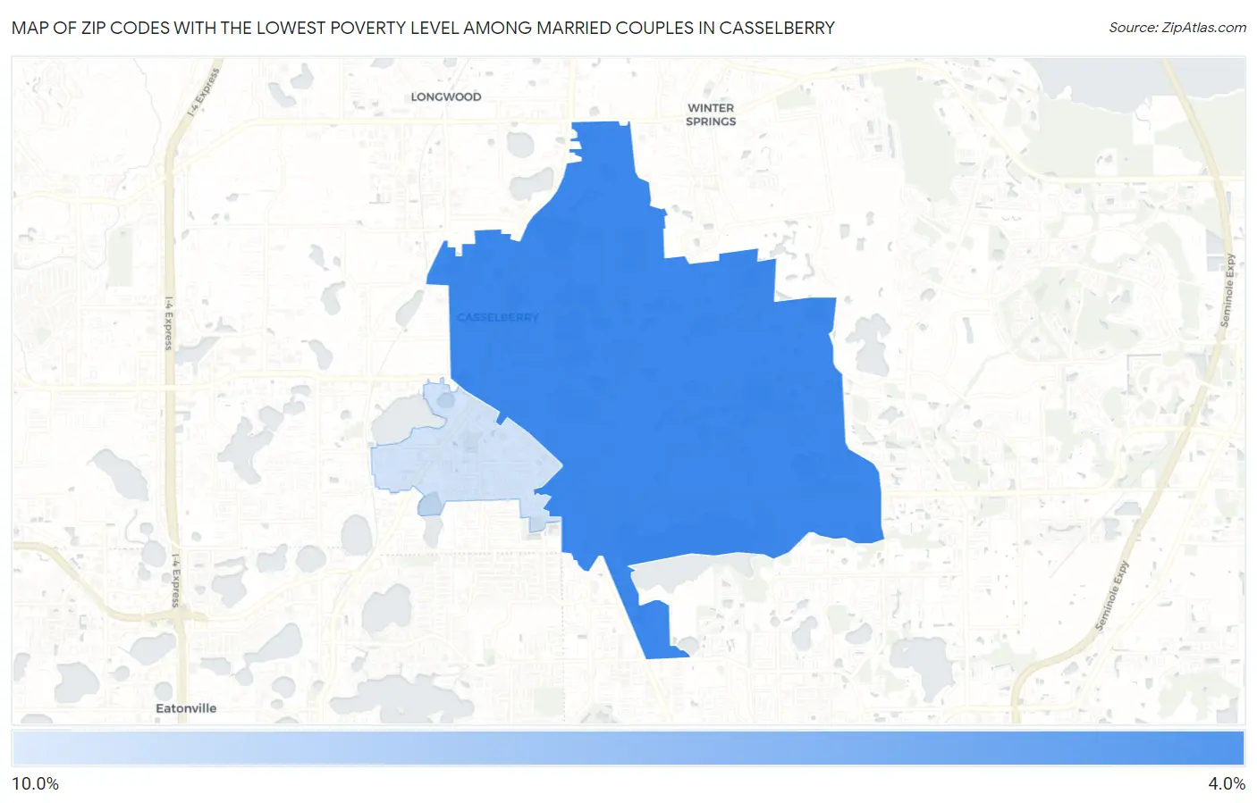 Zip Codes with the Lowest Poverty Level Among Married Couples in Casselberry Map