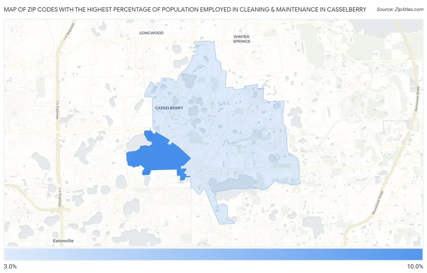 Zip Codes with the Highest Percentage of Population Employed in Cleaning & Maintenance in Casselberry Map
