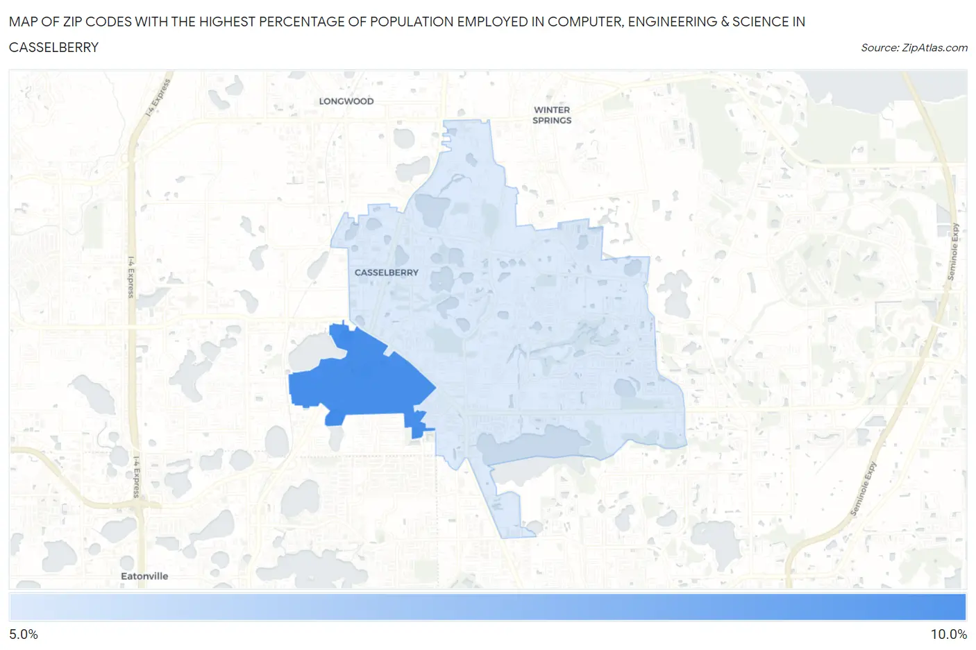 Zip Codes with the Highest Percentage of Population Employed in Computer, Engineering & Science in Casselberry Map