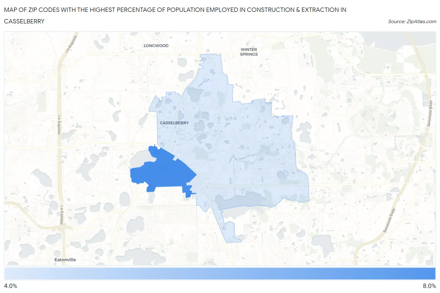 Zip Codes with the Highest Percentage of Population Employed in Construction & Extraction in Casselberry Map