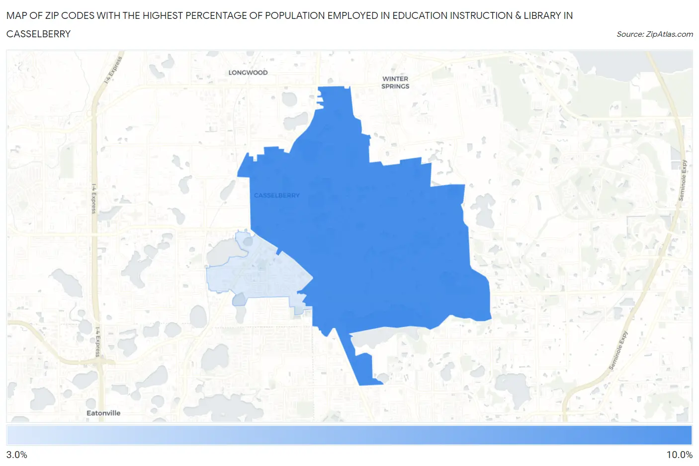 Zip Codes with the Highest Percentage of Population Employed in Education Instruction & Library in Casselberry Map