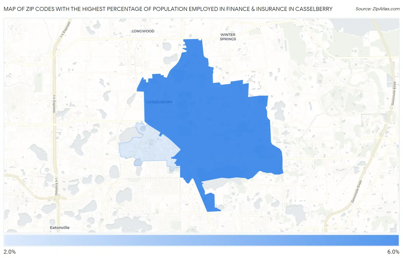 Zip Codes with the Highest Percentage of Population Employed in Finance & Insurance in Casselberry Map