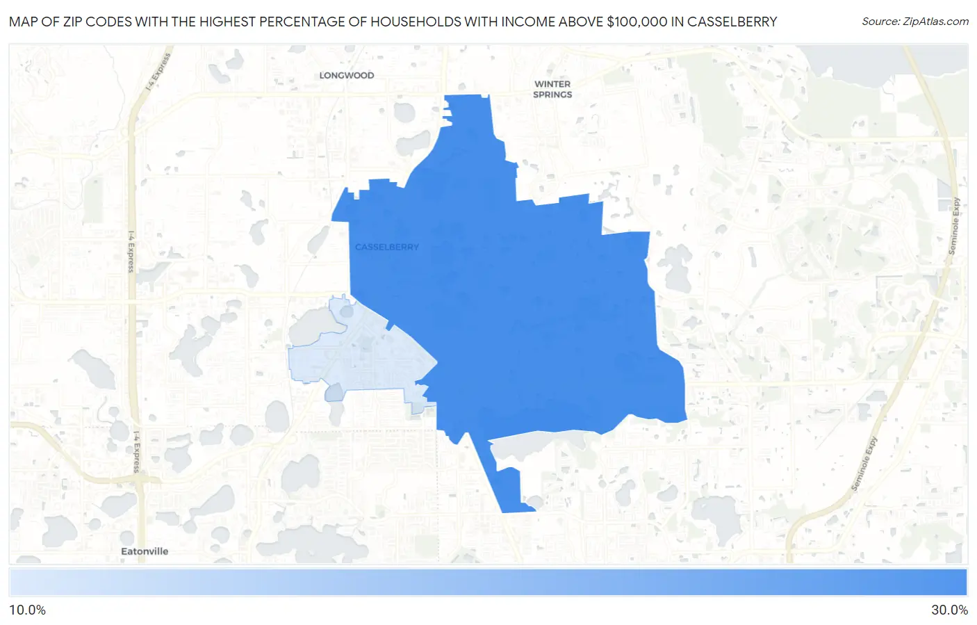 Zip Codes with the Highest Percentage of Households with Income Above $100,000 in Casselberry Map