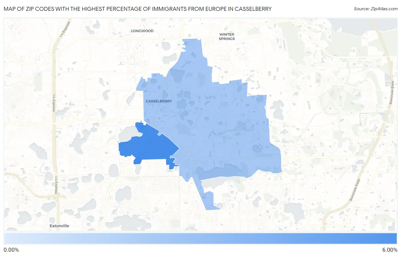 Zip Codes with the Highest Percentage of Immigrants from Europe in Casselberry Map