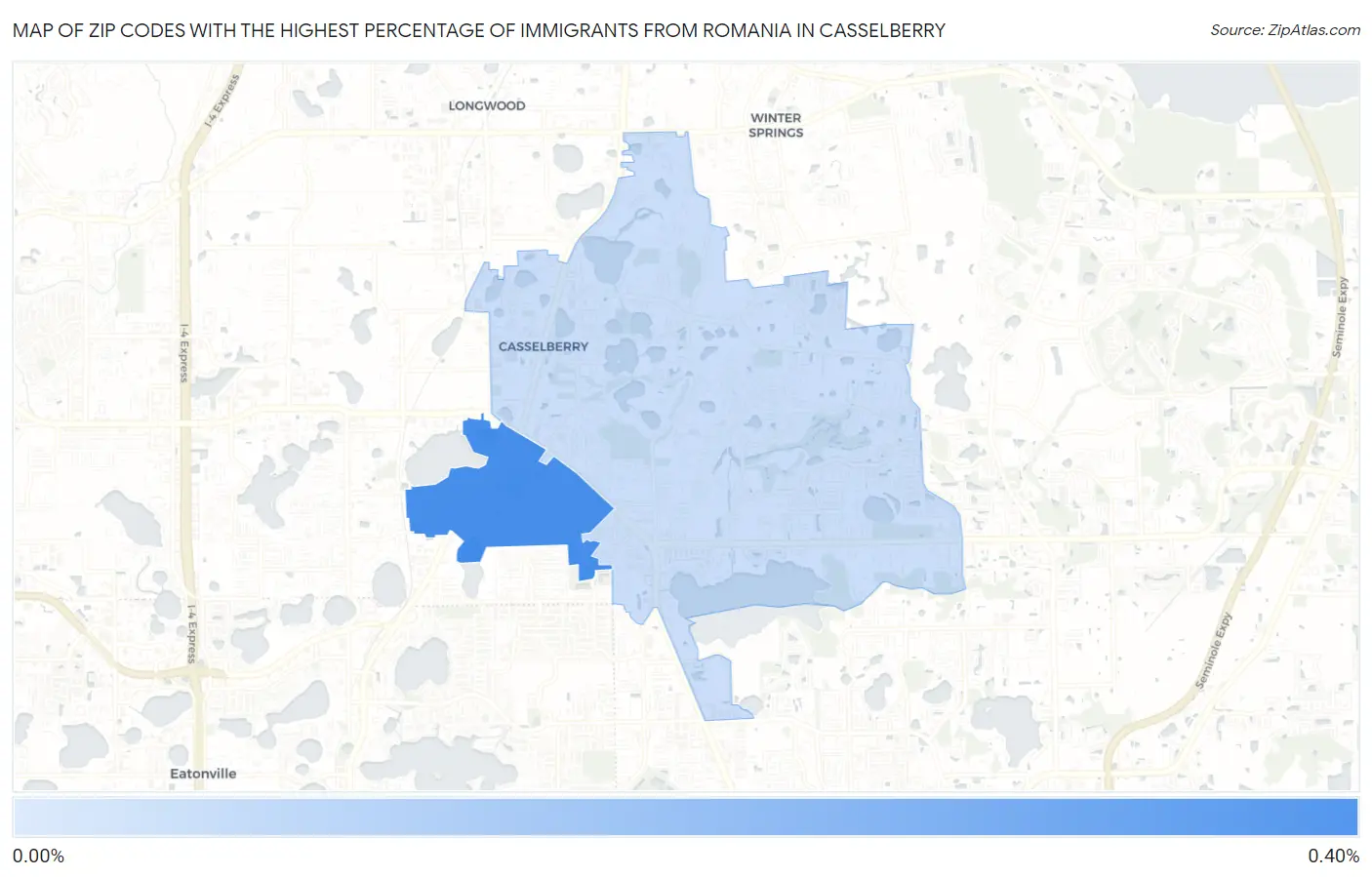 Zip Codes with the Highest Percentage of Immigrants from Romania in Casselberry Map