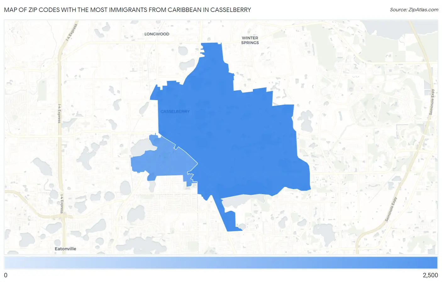 Zip Codes with the Most Immigrants from Caribbean in Casselberry Map