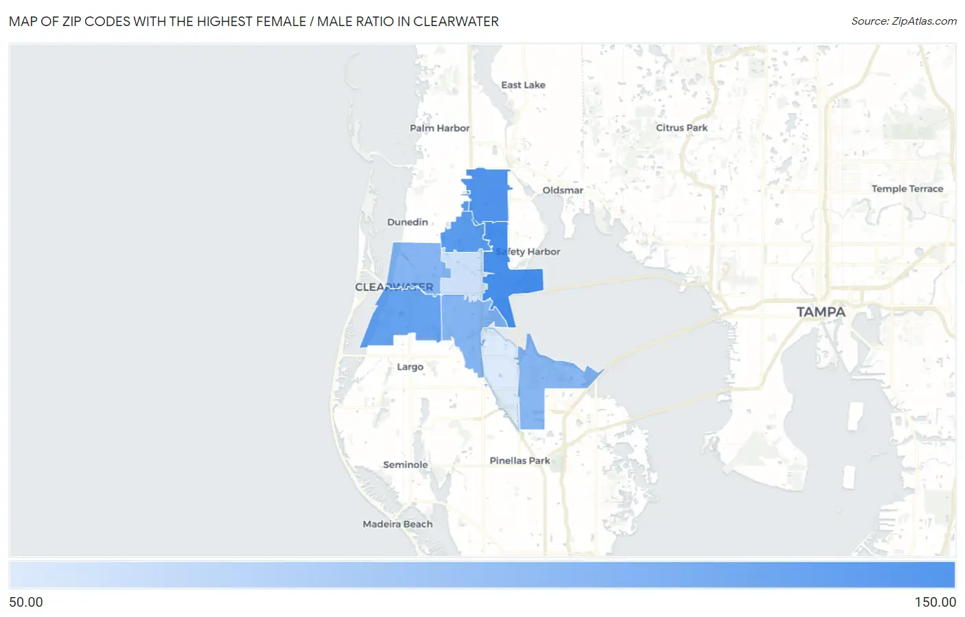 Zip Codes with the Highest Female / Male Ratio in Clearwater Map