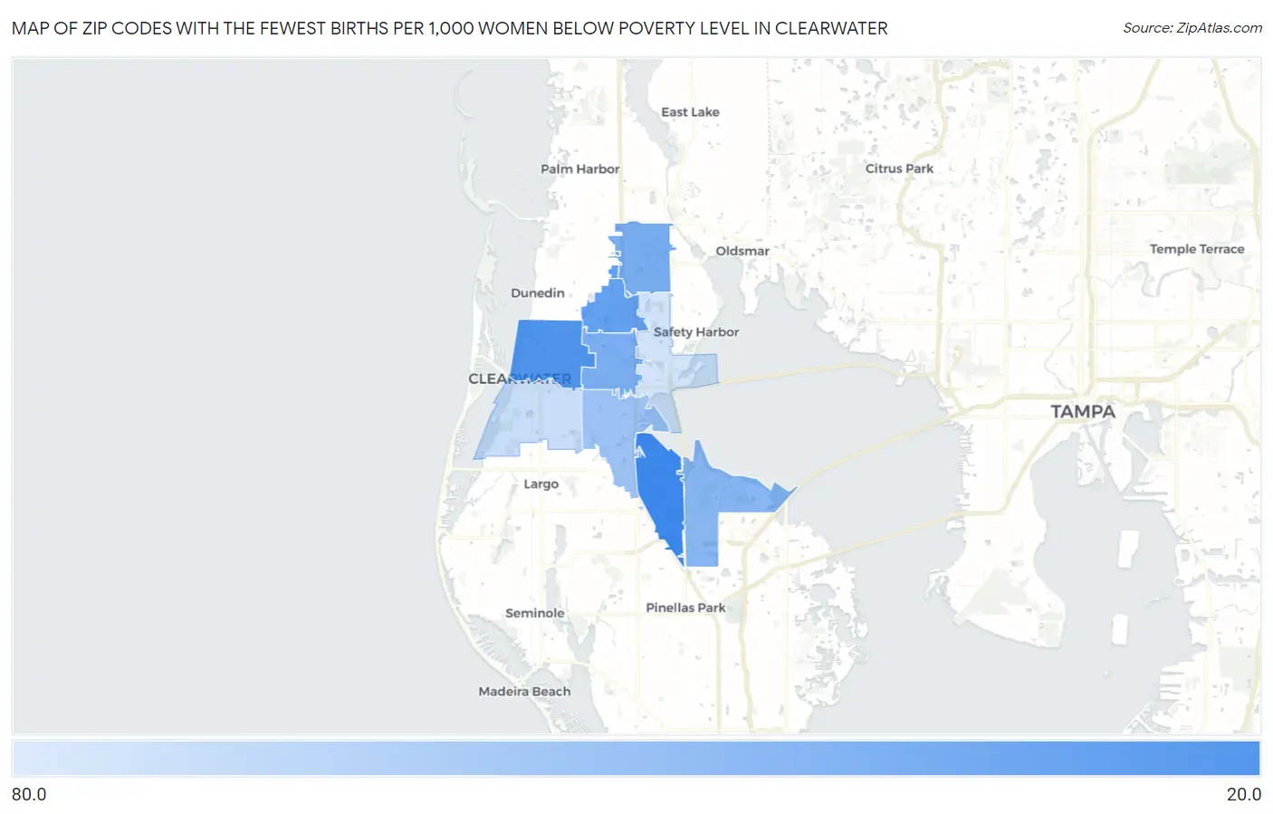 Zip Codes with the Fewest Births per 1,000 Women Below Poverty Level in Clearwater Map