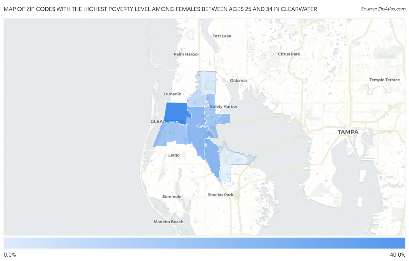 Zip Codes with the Highest Poverty Level Among Females Between Ages 25 and 34 in Clearwater Map
