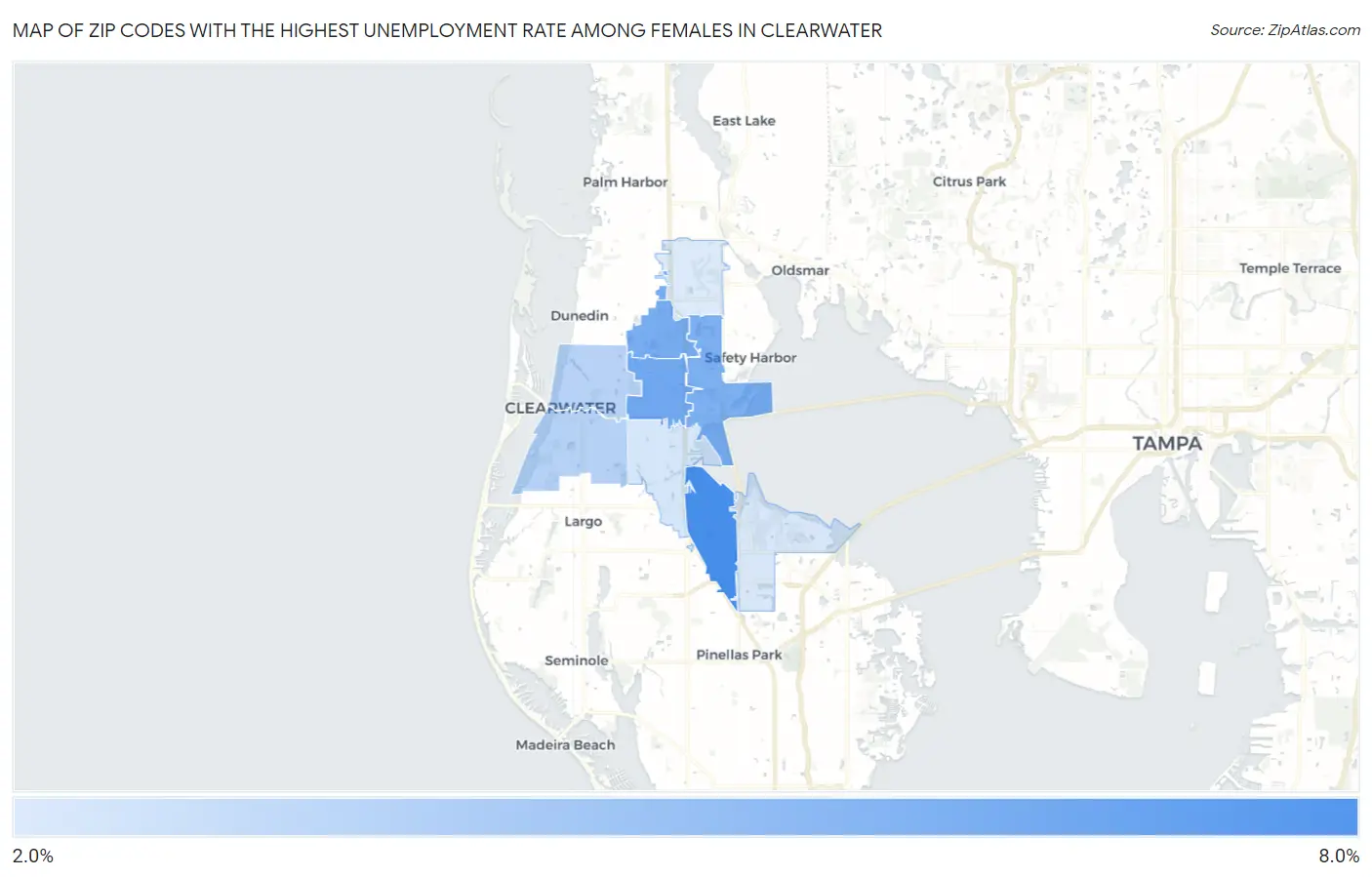 Zip Codes with the Highest Unemployment Rate Among Females in Clearwater Map