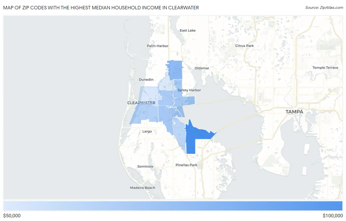 Zip Codes with the Highest Median Household Income in Clearwater Map