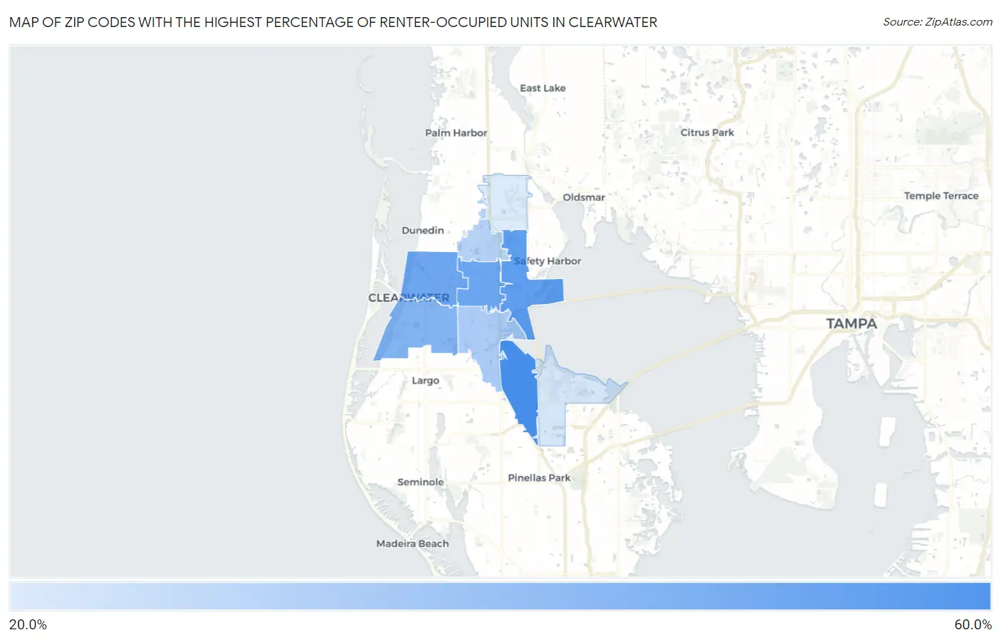 Zip Codes with the Highest Percentage of Renter-Occupied Units in Clearwater Map