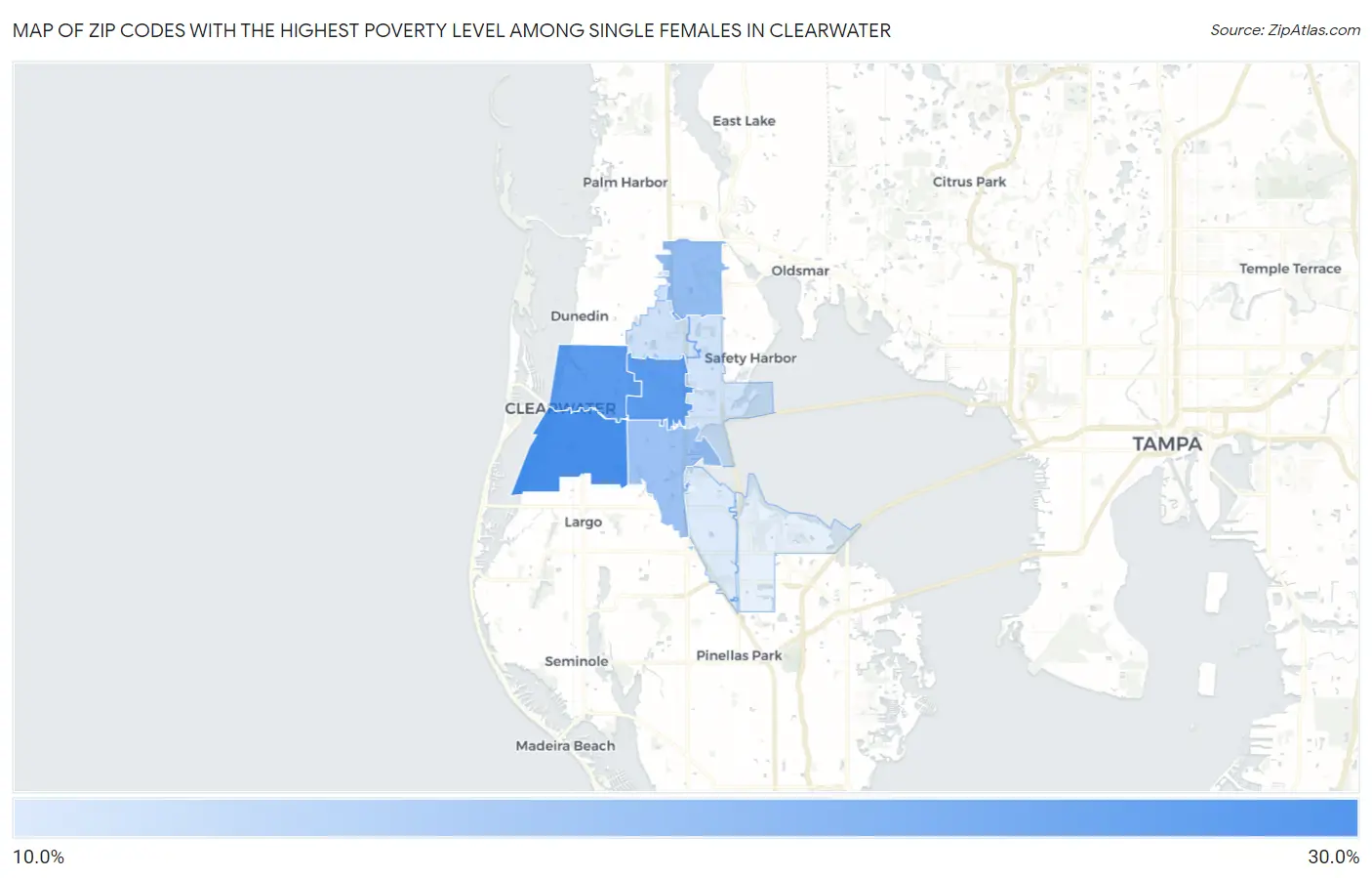 Zip Codes with the Highest Poverty Level Among Single Females in Clearwater Map